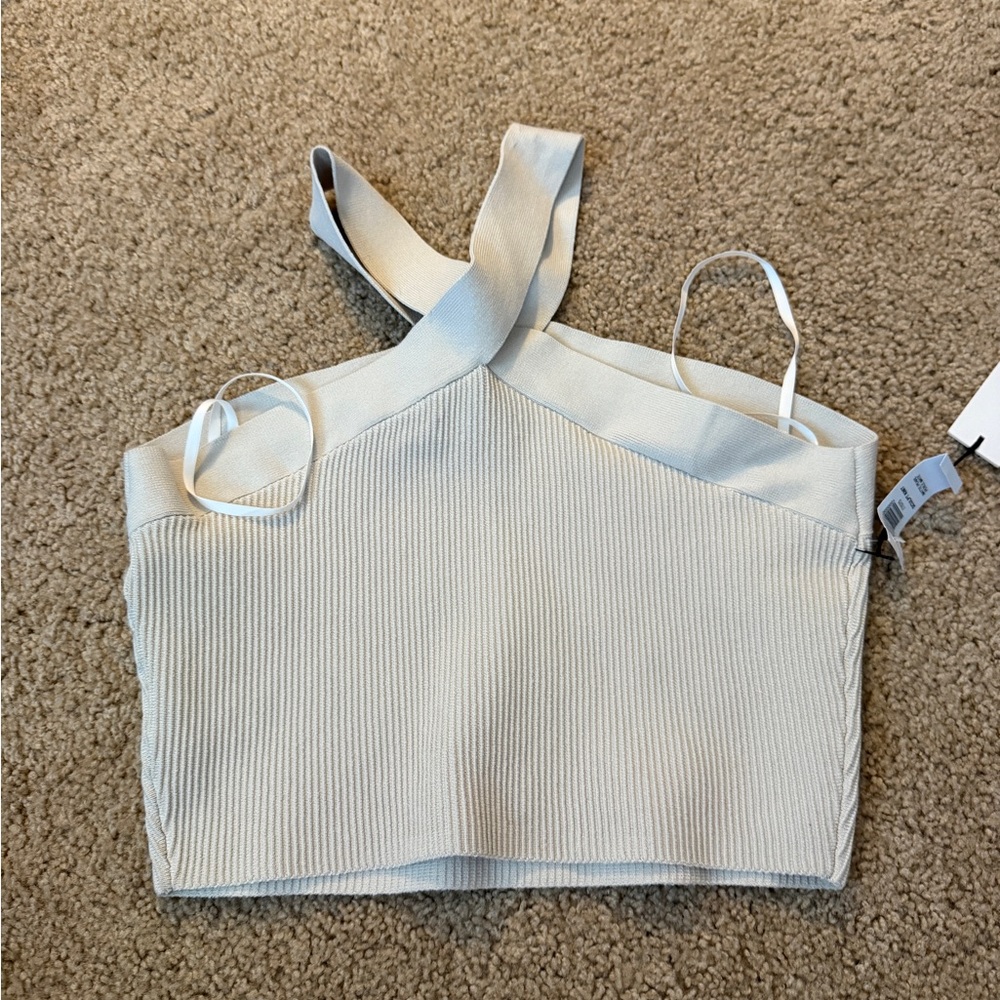 Babaton Cream Ribbed Cross-Strap Crop Top